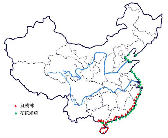 圖2 中國海岸互花米草生長擴散及入侵紅樹林棲地之分布圖 (Zhang et al.,2012)